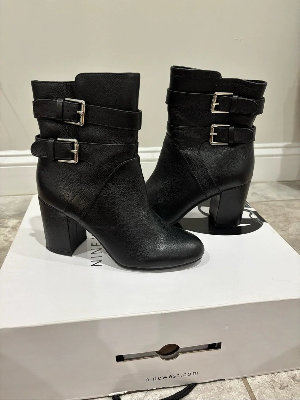 Nine West Black Leather Double-Buckle Block Heel Ankle Boots